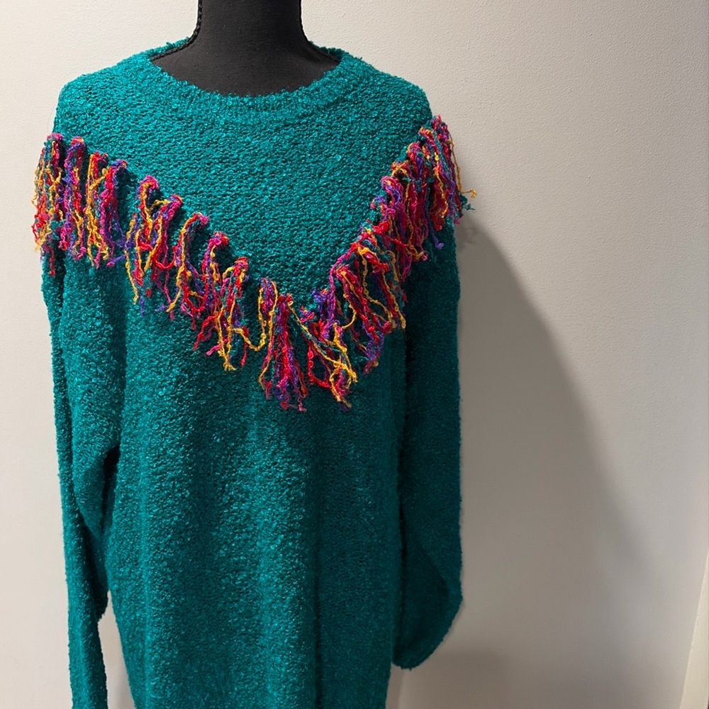Vintage Sweater Oversize  Rainbow Shag Fringe 80's Boho Hippie festival